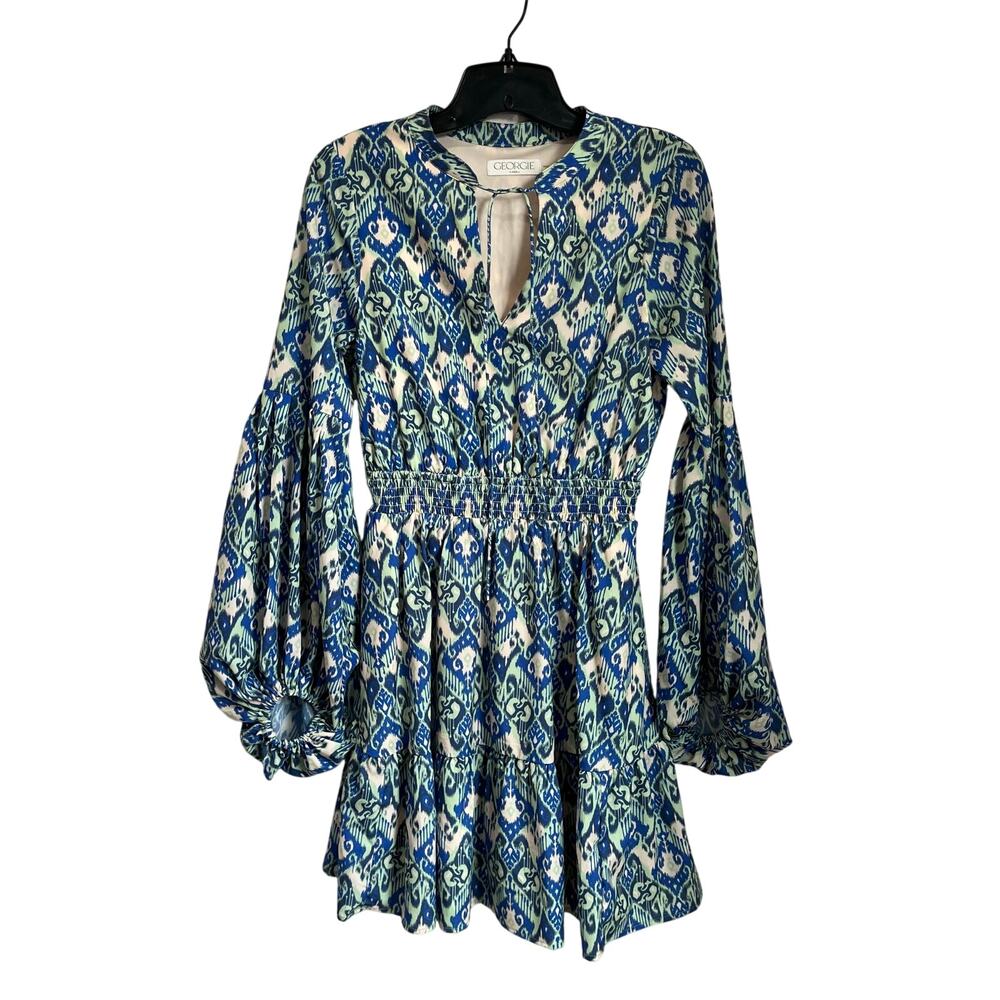 Georgie Boho Mini Dress XS Balloon Sleeve Tie‎ Front Flowy Romantic Festival
